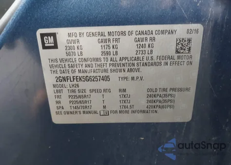 2016 Chevrolet Equinox Lt from USA, damaged, VIN 2GNFLFEK5G6257405